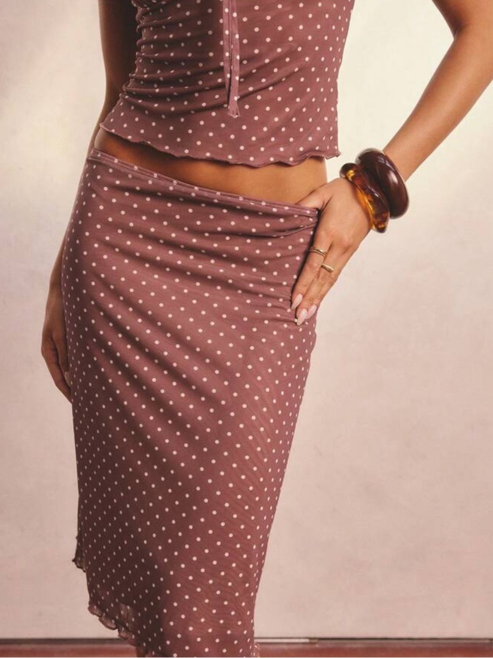 Polka Dot Mauve Brown Midi Skirt - Women's Two-Piece Set - Picture 5 of 8